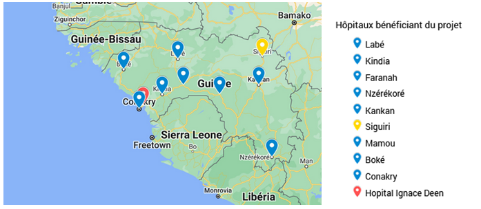 Carte de la localisation des hôpitaux bénéficiaires du projet en Guinée