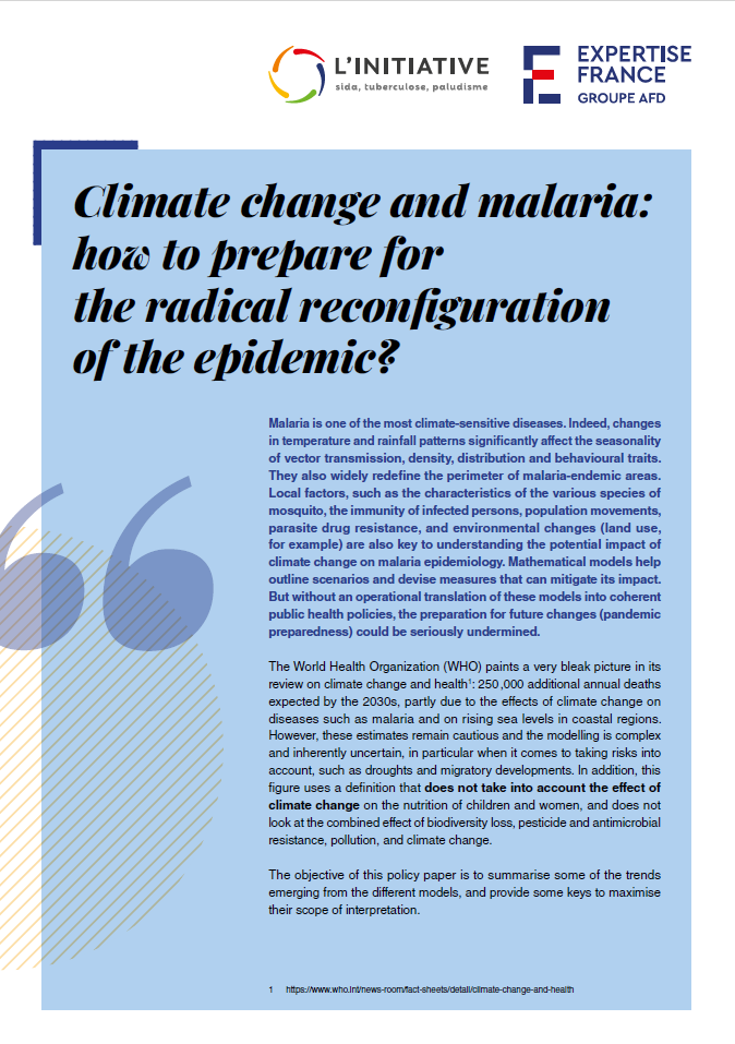 Cover of the position paper on climate change and malaria, published by Expertise France with the French funding facility L'Initiative