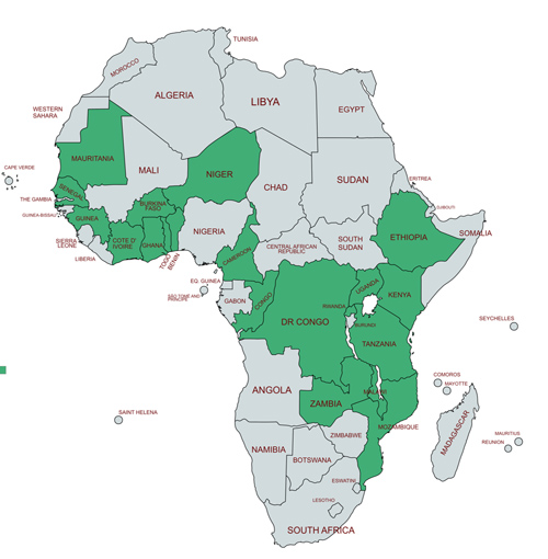 Carte des pays d'intervention du projet AEYA : Bénin, Cameroun, Côte d’Ivoire, Éthiopie, Ghana, Guinée, Kenya, Malawi, Mauritanie, Mozambique, Ouganda, République démocratique du Congo (RDC), République du Congo, Rwanda, Sénégal, Tanzanie, Togo, Zambie