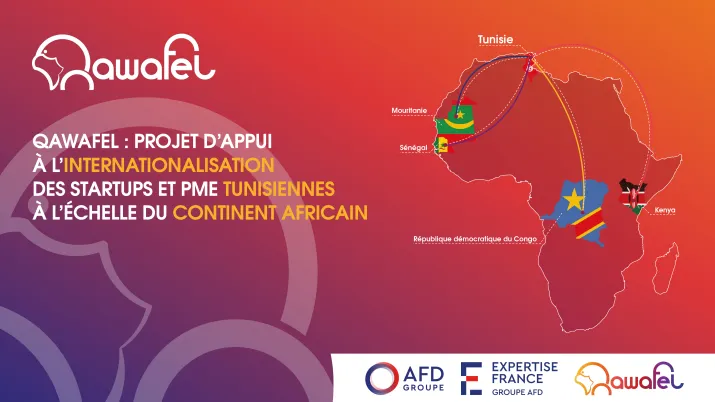 Bannière de Qawafel, le projet d’appui à l’internationalisation des startups et des PME tunisiennes à l’échelle du continent africain