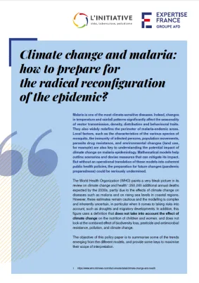 Cover of the position paper on climate change and malaria, published by Expertise France with the French funding facility L'Initiative