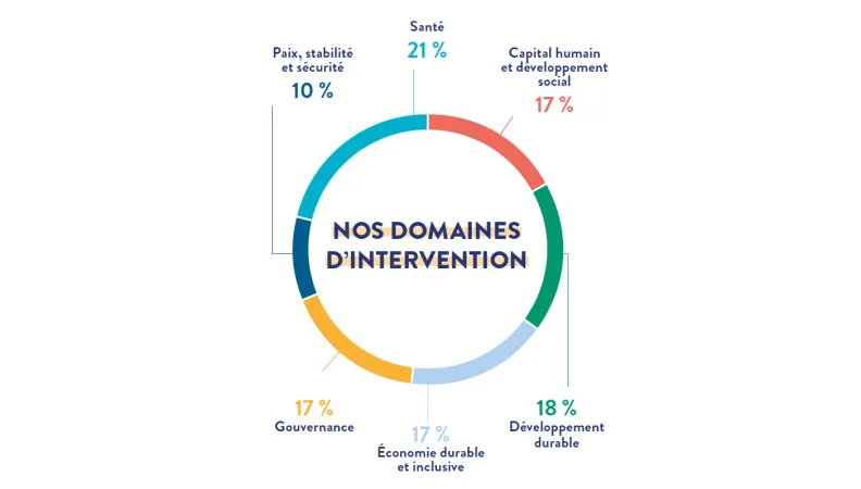 Graphique de répartition de notre activité par domaine d'intervention : 21% en santé ; 18% en développement durable ; 17% en économie durable et inclusive : 17% en capital humain et développement social ; 17% en gouvernance et 10% en paix, stabilité en sécurité.