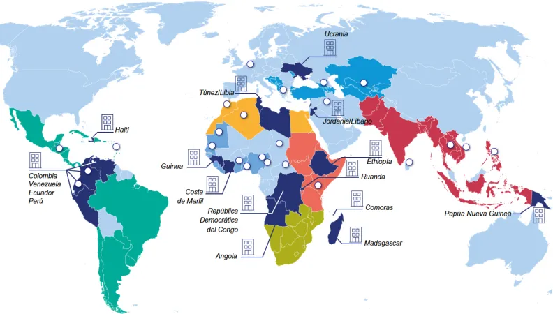 Mapa de las oficinas Expertise France en el mundo