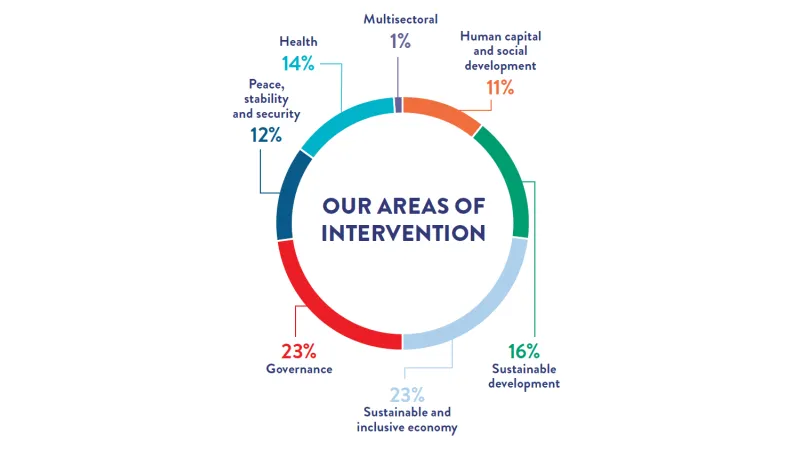 Graphical representation of our activity across our focus areas: 23% in governance; 23% in sustainable and inclusive economy; 16% in Sustainable Development; 14% in health; 12% in peace, stability and security; 11% in human capital and social development; and 1% in multisectoral projects.