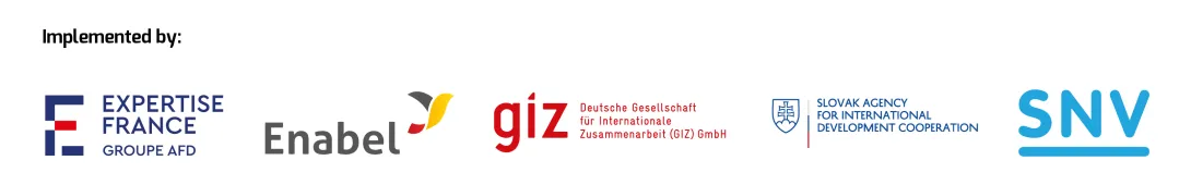 Logos of the implementing partners of the project: Expertise France and the cooperation agencies of Belgium (Enabel), Germany (GIZ), Slovakia (SAIDC) and The Netherlands (SNV)