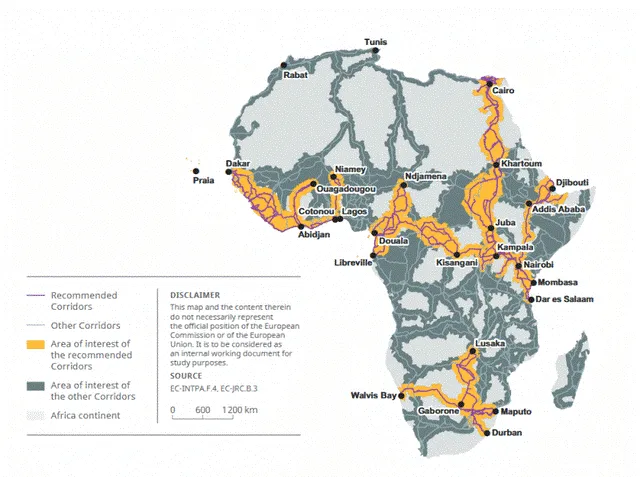Carte des corridors stratégiques recommandés en Afrique de l’Ouest, du Centre et plus au Sud en Angola, Namibie, Mozambique et Afrique du Sud.