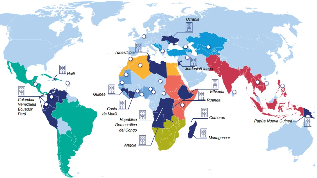 Mapa de las oficinas Expertise France en el mundo